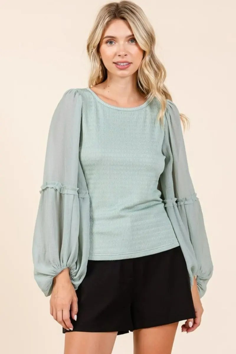 Mittoshop Mixed Media Textured Knit Chiffon Long Sleeve Top - Love Salve
